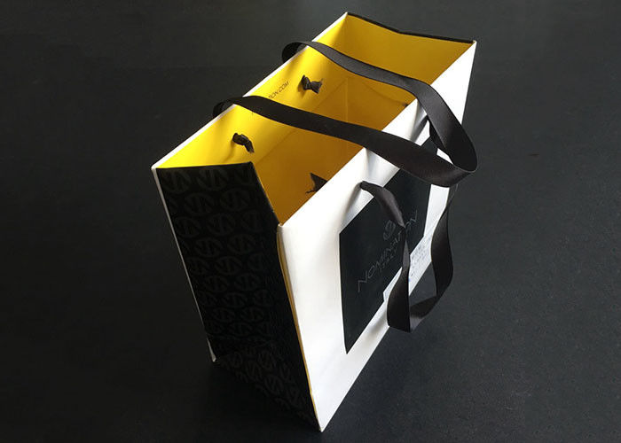 Τυπωμένες τσάντες εγγράφου λαβών κορδελλών οι δώρο φέρνουν το λευκό Μαύρο μέσα κίτρινος Greaseproof προμηθευτής
