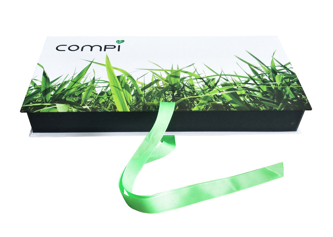 Ανακυκλωμένο πράσινο διπλώνοντας UV λογότυπο σημείων συνήθειας κιβωτίων παρουσίασης χαρτονιού με την κορδέλλα προμηθευτής