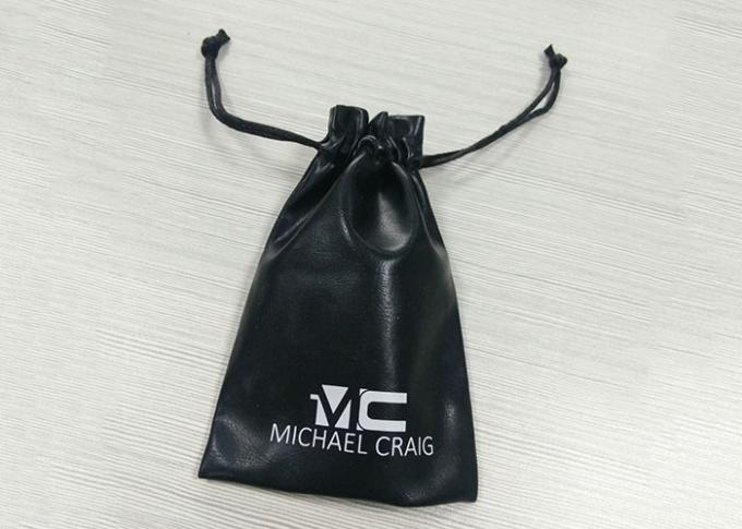 Μαύρες δερματοειδείς τσάντες κοσμήματος Drawstring, λογότυπο εκτύπωσης οθόνης σακουλών Drawstring σουέτ